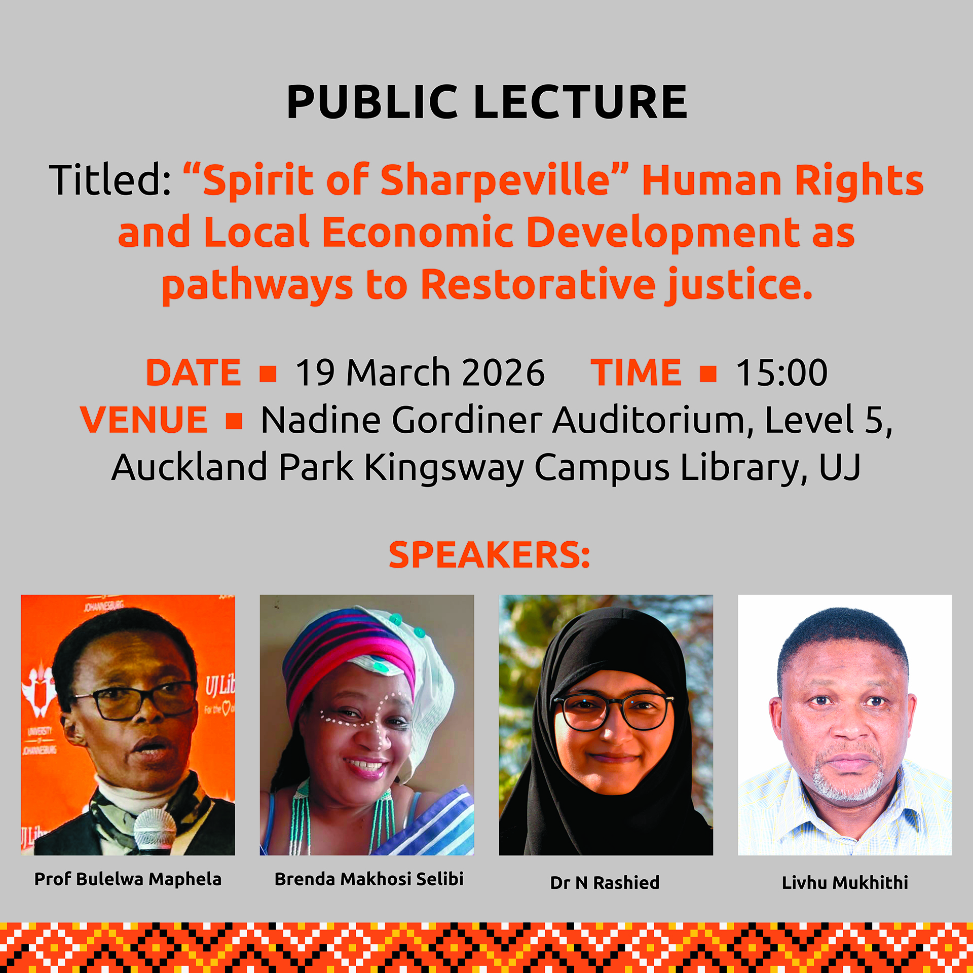Public Lecture: “Spirit of Sharpeville” Human Rights and Local Economic Development as pathways to Restorative justice.